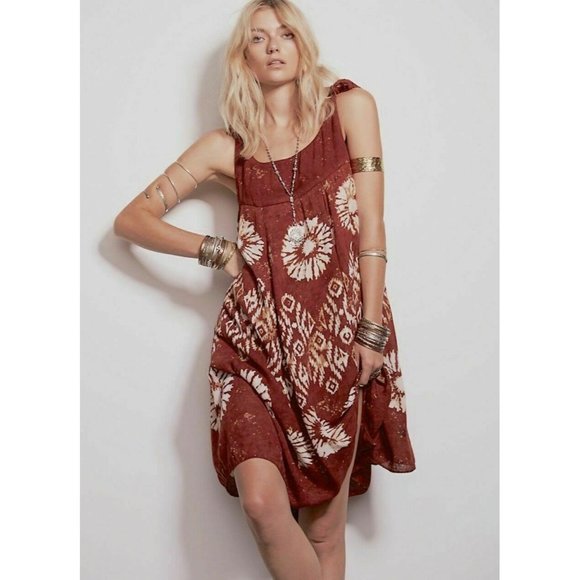Free People Dresses & Skirts - FREE PEOPLE Rust Red Midi Dress XS Batik Oversize Flowy Boho Sleeveless High Low